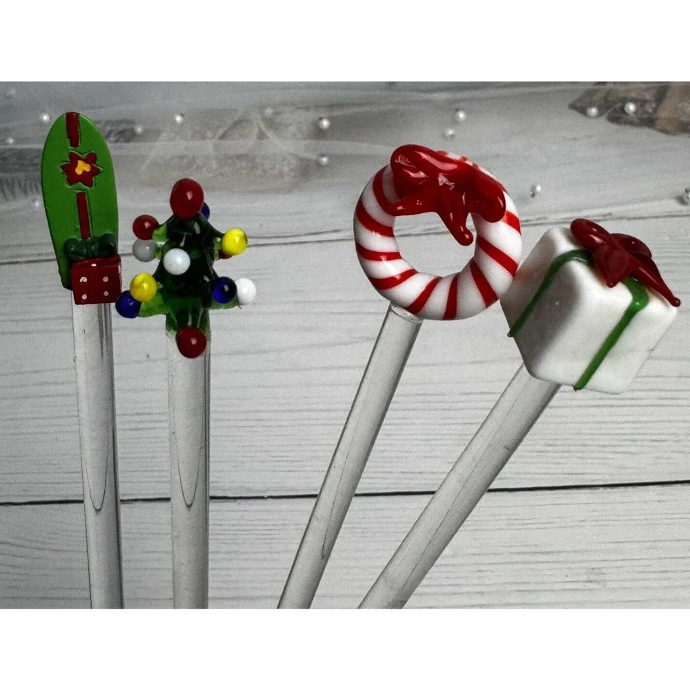 Pier 1 Glass Cocktail Swizzle Sticks Christmas Tree Presents‎ Wreath Surfboard